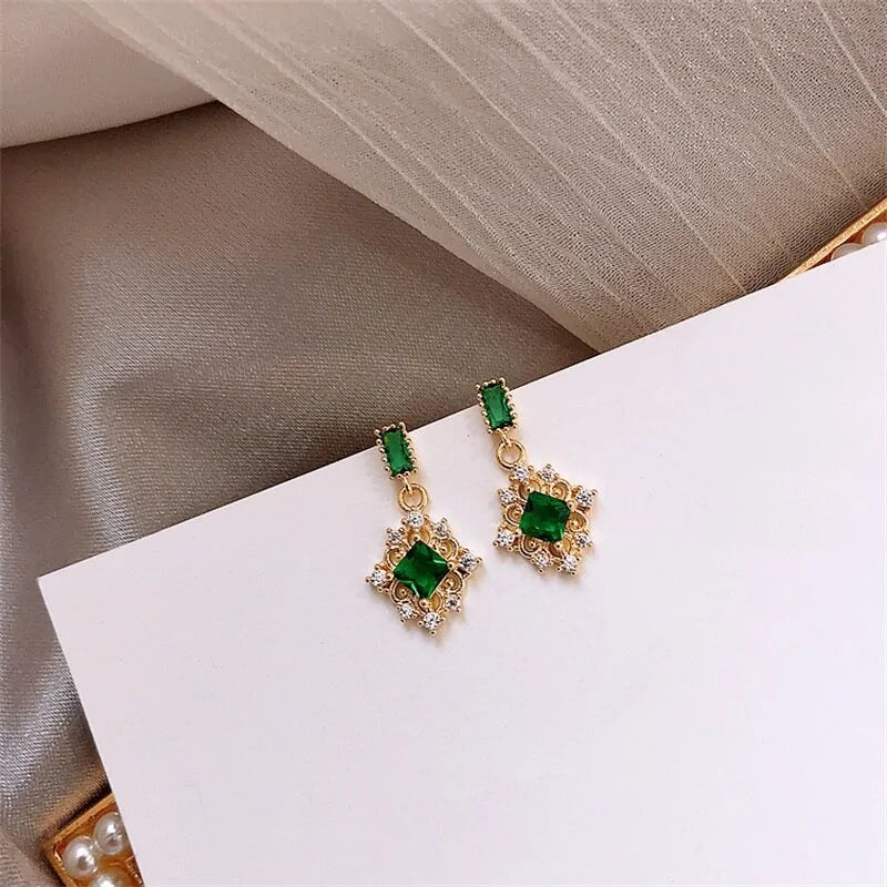 Square Green Crystal Earrings